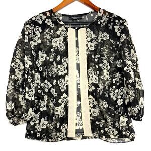 VTG R&M Richards 14 Plus‎ Floral Sheer 3/4 Sleeve Top Open Embroidered Grandma